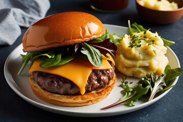 Wall Mural - Classic Beef Burger with Cheddar Cheese Garlic Mashed Potatoes and Fresh Mixed Greens