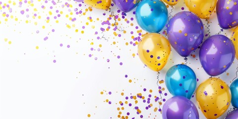 Colorful balloons and confetti on a white background