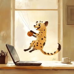 Wall Mural - A playful dog with spots joyfully holds a ball while leaping near a laptop by a window.