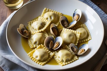 Wall Mural - Homemade Ravioli with Clams in White Wine Sauce Recipe