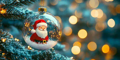 Festive Christmas tree ornament featuring a cheerful small Santa Claus red hat inside a glass bauble with a snowy pine tree backdrop, glowing warmly against a blurred, illuminated background.