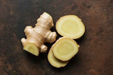 Close Up of Isolated Ginger Root Slices on Earthy Background - Natural Organic Healthy Ingredient