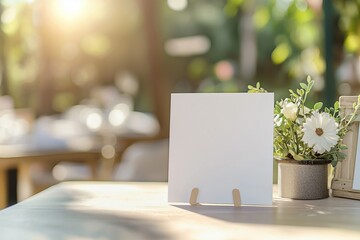 Blank dinner invitation mockup placed on a counter, with a summer garden catering setup and tables in the blurred background. Concept of event planning and outdoor dining.