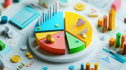 Fototapete - A creative 3D pie chart with segments represented by different objects (e.g., coins, graphs, icons), symbolizing the diversity of data sources in a financial report.