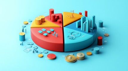 Fototapete - A creative 3D pie chart with segments represented by different objects (e.g., coins, graphs, icons), symbolizing the diversity of data sources in a financial report.