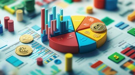 Fototapete - A creative 3D pie chart with segments represented by different objects (e.g., coins, graphs, icons), symbolizing the diversity of data sources in a financial report.