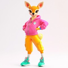 Poster - A stylized cartoon deer character wearing a pink hoodie and yellow shorts.