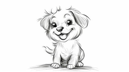 A happy small dog with a big round nose, depicted with minimal black ink lines, showing a playful posture on a white background.