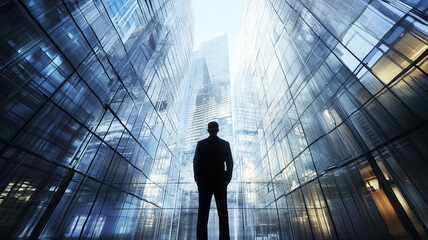 Wall Mural - a businessman looking up of a modern office building