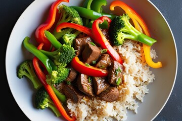 Wall Mural - Vibrant Beef Stir Fry with Fresh Bell Peppers Broccoli and Jasmine Rice