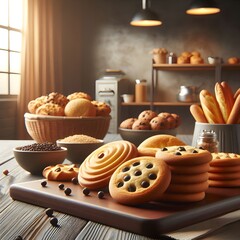  cozy kitchen scene with a baking theme featuring freshly baked cookies