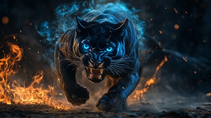 Angry black pnther with open mouth and fiery mane, Glowing yellow eyes, jumping, blue fire flames and sand at night background. Intense Black Panther with Fierce Glowing Eyes in Blue Fiery Ambience
