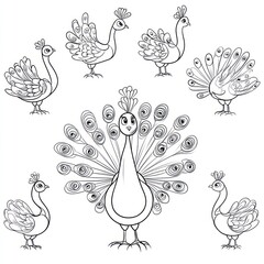 Sticker - A whimsical illustration of peacocks in various poses and styles.