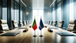 © Александр Бердюгин - A modern conference room with Portugal and Cape Verde flags on a long table, symbolizing a bilateral meeting or diplomatic discussions between the two nations.