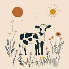 a playful illustration of a cow surrounded by flowers and sun, evoking a pastoral scene.