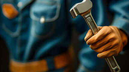 Wall Mural - Hands of Industrial Worker Holding Wrench for Machinery Repair and Maintenance