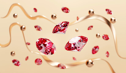 Wall Mural - Ruby Gem Diamond group falling background soft focus bokeh 3d rendering	
