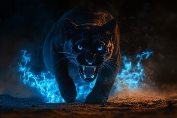 Angry black pnther with open mouth and fiery mane, Glowing yellow eyes, jumping, blue fire flames and sand at night background. Intense Black Panther with Fierce Glowing Eyes in Blue Fiery Ambience
