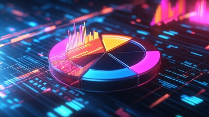 Aufkleber - A dynamic 3D pie chart with moving sections, set in a digital environment, emphasizing data flow and interactive analysis.