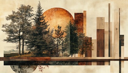 Generate an abstract collage blending the peaceful forest meadow aesthetic with geometric room shapes, using medium wood brown and earthy, inviting colors