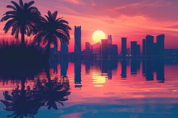 City skyline at sunset with palm trees reflected on calm water. Ideal for travel destinations, urban landscapes, or relaxing evening themes.