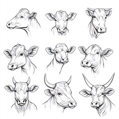 Poster - A collection of cow head illustrations in various angles and styles.