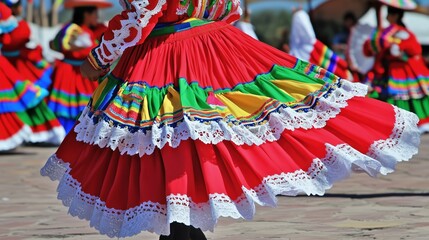 A vibrant close-up of a traditional Mexican dance, highlighting a colorful long dress adorned with a white lace border. The background features an umbrella and several dancers dressed in red skirts wi