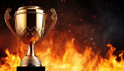 Golden trophy on fire background with copy space