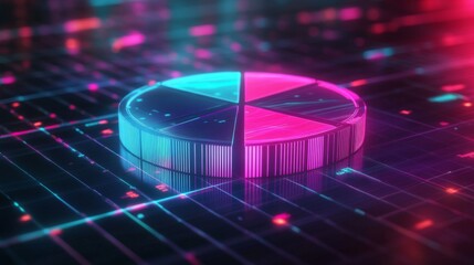 Aufkleber - A futuristic 3D pie chart with neon colors, hovering over a grid surface, representing cutting-edge data visualization.