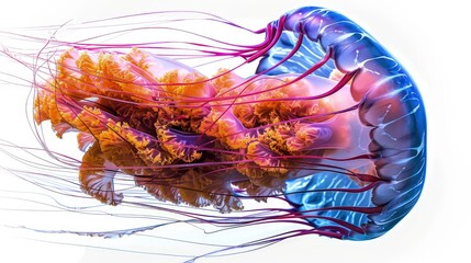 An image of a vibrant box jellyfish, its complex structure and potent tentacles clearly visible, isolated on a transparent background for scientific illustration.