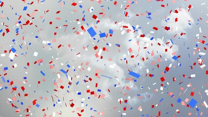 Poster - Red, white, and blue confetti animation falling over cloudy sky background