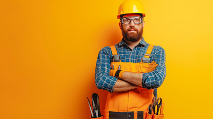 A man in work clothes stands against a yellow background in the studio with empty copy space. Worker plumber builder installer model person on empty studio background