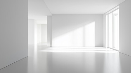 Wall Mural - White empty studio room with soft sunlight from the windows and shadows, white room with copy space, room interior design empty white space. White background - room mock up template for design and ads