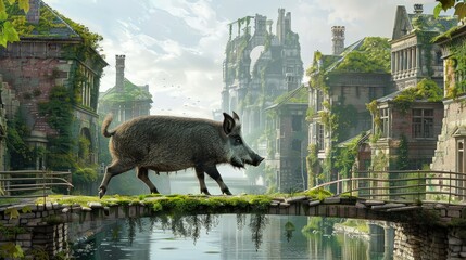 An image of a wild boar crossing a bridge into a city, with the cityscape featuring green roofs and overgrown buildings in the background.