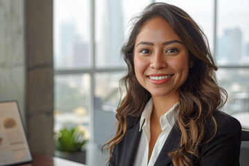 Wall Mural - Close-up of Smiling Latina Businesswoman in Corporate Office Using Digital Device with City View Background