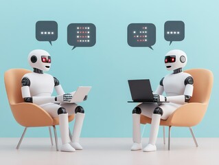 Two humanoid robots chatting and communicating digitally while seated in modern chairs against a blue background.