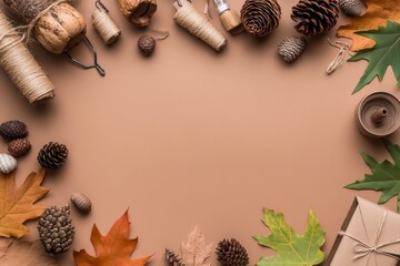 Handmade Thanksgiving Decorations: A crafting table with supplies like leaves, acorns, pinecones, and paper for making DIY Thanksgiving decorations. Finished crafts like garlands and place cards are d