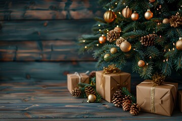 Wall Mural - Presents under a christmas tree on a wooden floor