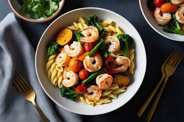 Wall Mural - Creamy Pasta Bowl with Saut�ed Shrimp and Colorful Roasted Vegetables