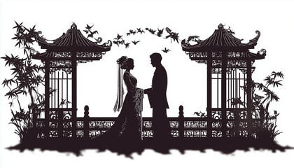 A silhouette couple in japanese painting style, isolated on white background with copy space area.