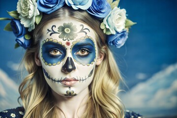 Vibrant Sugar Skull Makeup with Blue Floral Headpiece on Blonde Woman Celebrating Dia de los Muertos