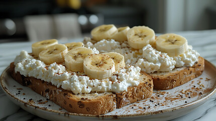 Wall Mural - Whole wheat bread topped with cottage cheese and sliced bananas