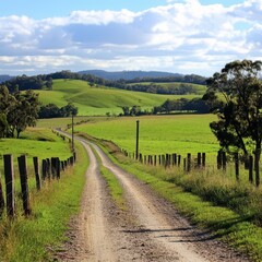 Wall Mural - Tranquil dirt road winding through green pasture under a blue sky