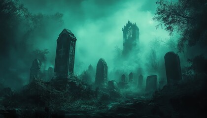 Horrorfilled graveyard at midnight, ancient tombstones, dense fog, ghostly figures drifting, eerie green light, high detail, spooky and macabre