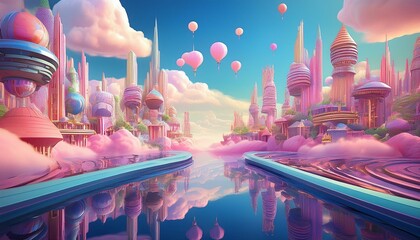 Sticker - Floating Cities in a Dreamy Pink and Blue Sky