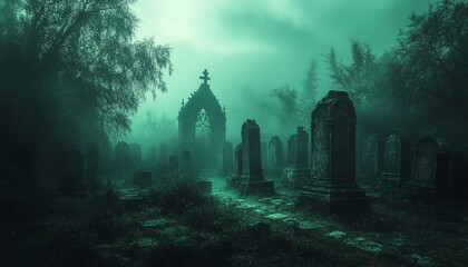 Horrorfilled graveyard at midnight, ancient tombstones, dense fog, ghostly figures drifting, eerie green light, high detail, spooky and macabre