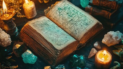 Wall Mural - An open ancient book with alchemical symbols and diagrams, surrounded by crystals and candles.