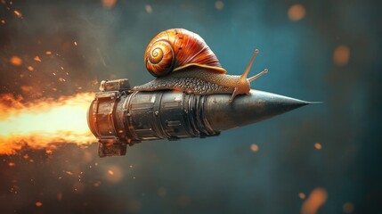 A snail riding on top of a speeding missile, symbolizing the contrast between slow progress and rapid acceleration.