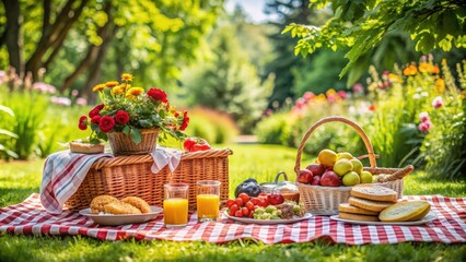 Fresh, colorful picnic spread on a blanket in a lush garden setting, picnic, food, outdoors, nature, fresh, healthy, tasty