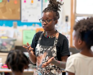 Poster - African American Female Elementary School Teacher Explaining Real-Life Task to Engaged Students in Bright Classroom, Morning, Inclusivity and Hands-On Teaching